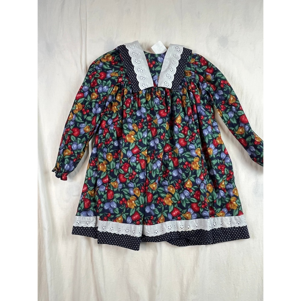 Claire Bell Girls Fruit Print Dress Long Sleeve‎ Eyelet Lace Sailor Collar 6X